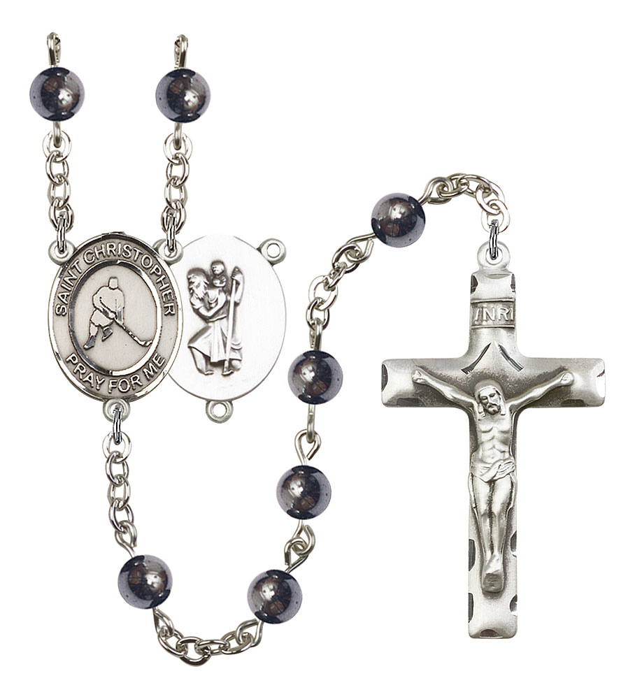Saint Christopher and Ice Hockey Rosary with 6mm Hematite Beads