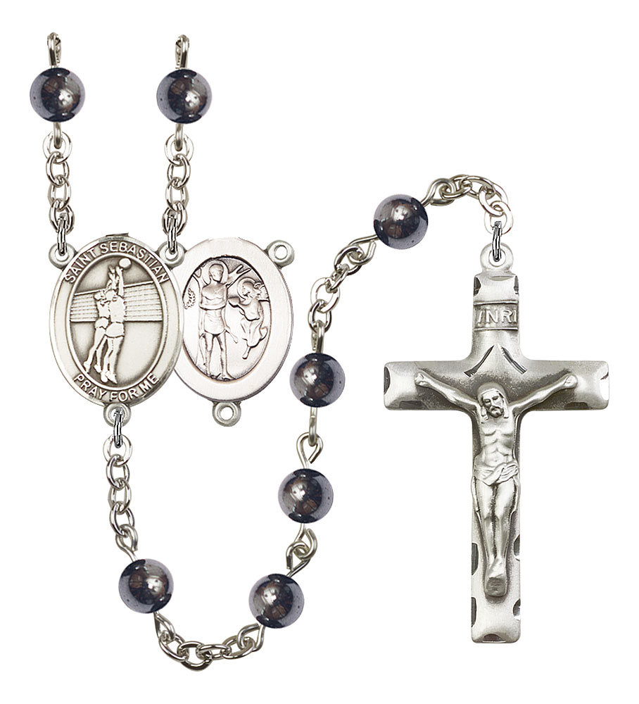 Saint Sebastian and Volleyball Rosary with 6mm Hematite Beads