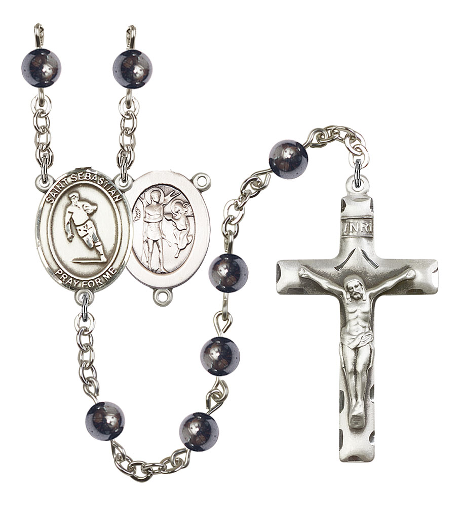 Saint Sebastian and Rugby Rosary with 6mm Hematite Beads