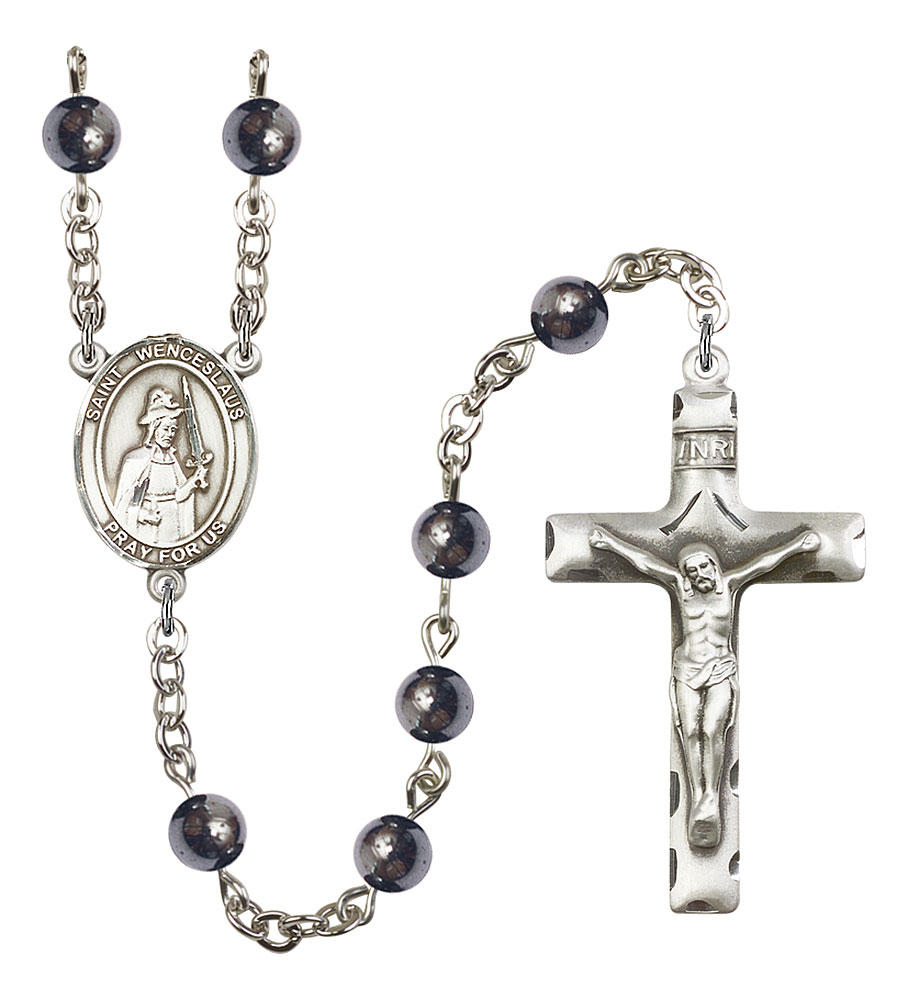 Saint Wenceslaus Engravable Rosary with 6mm Hematite Beads