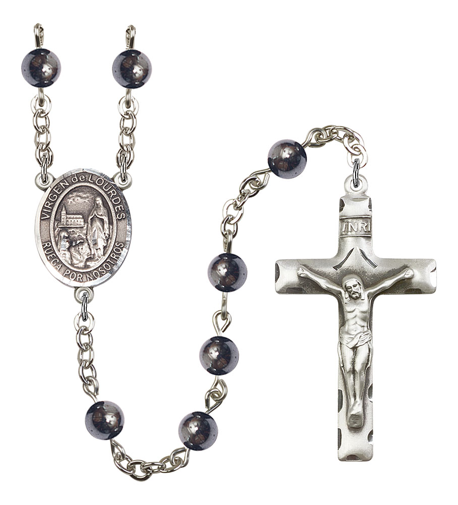 Virgen del Lourdes Engravable Rosary with 6mm Hematite Beads