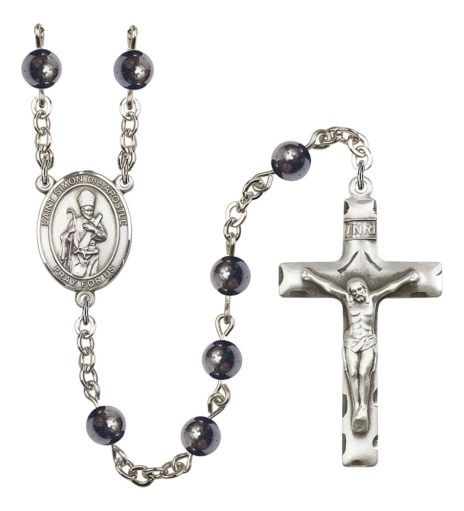 Saint Simon the Apostle Engravable Rosary with 6mm Hematite Beads
