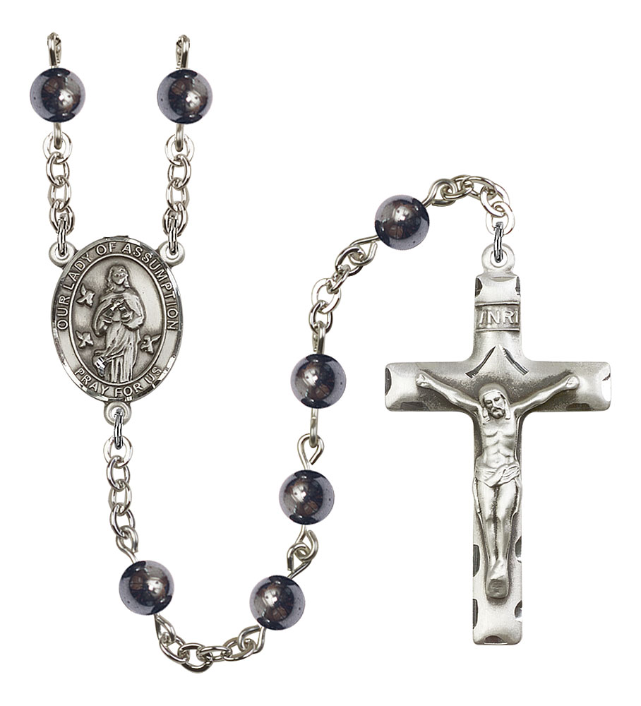 Our Lady of Assumption Engravable Rosary with 6mm Hematite Beads