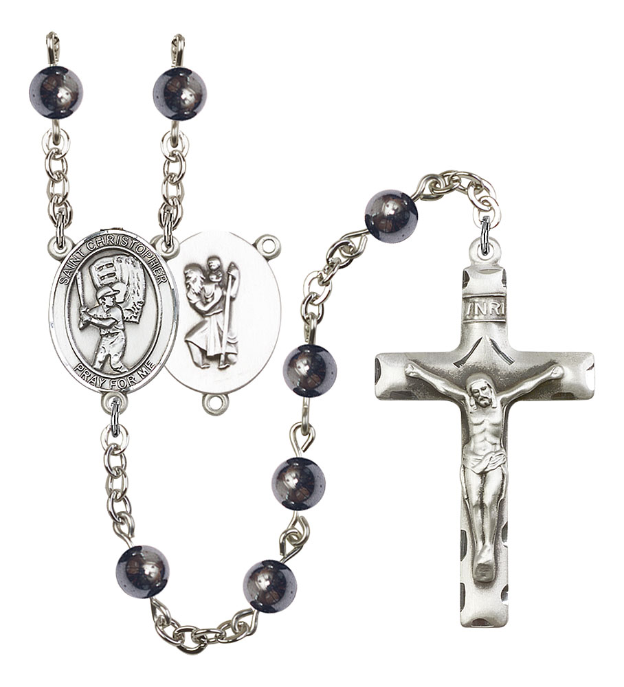 Saint Christopher and Baseball Rosary with 6mm Hematite Beads
