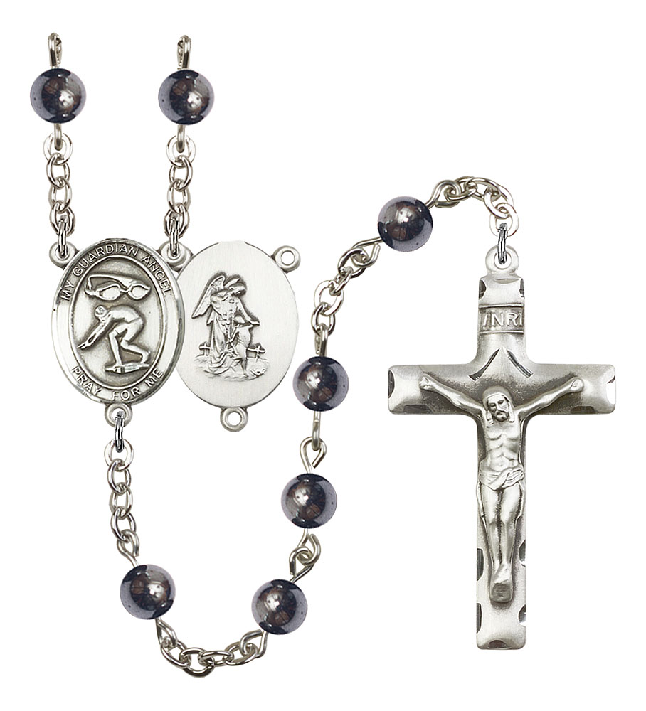 Guardian Angel and Swimming Rosary with 6mm Hematite Beads