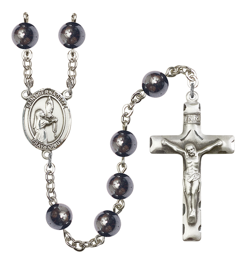 Saint Bernadette Engravable Rosary with Hematite Beads