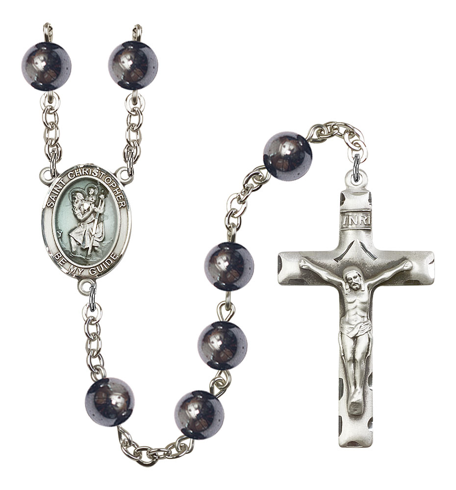 Saint Christopher Engravable Rosary with Hematite Beads