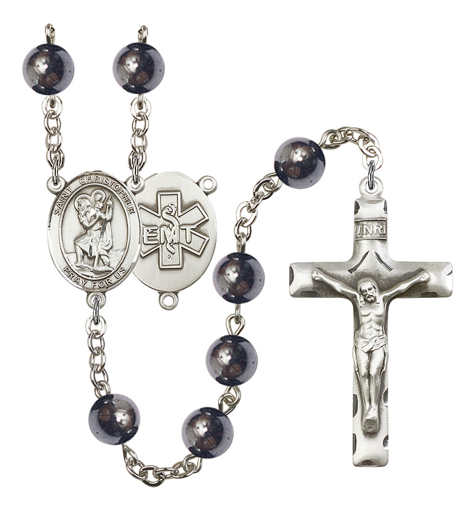 Saint Christopher and EMT Rosary with Hematite Beads