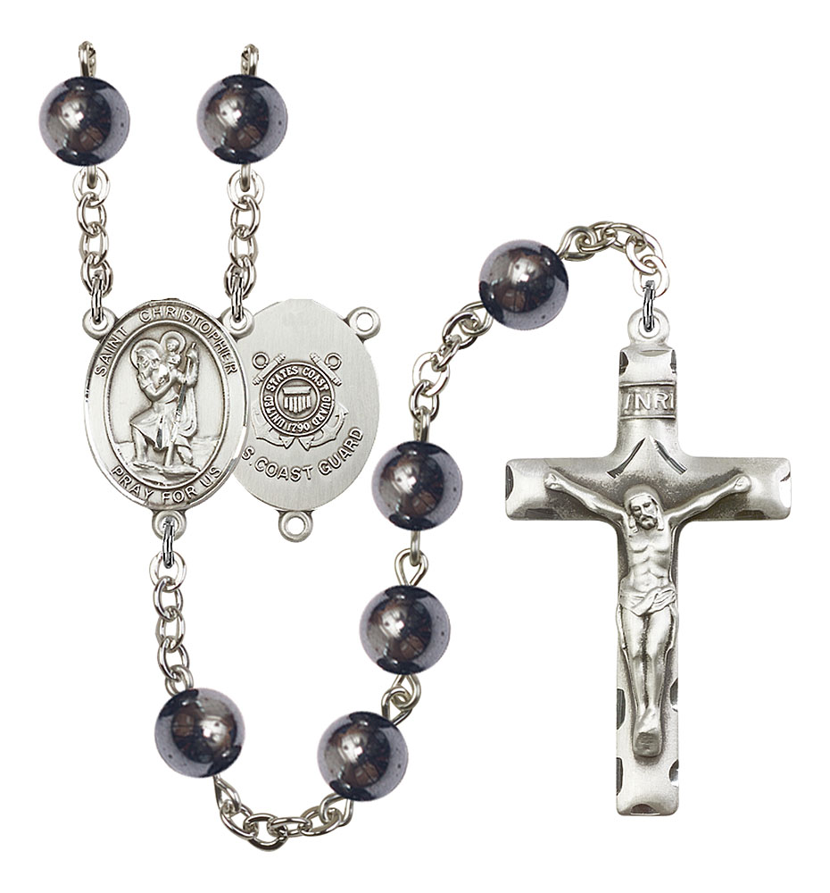 Saint Christopher and Coast Guard Rosary with Hematite Beads