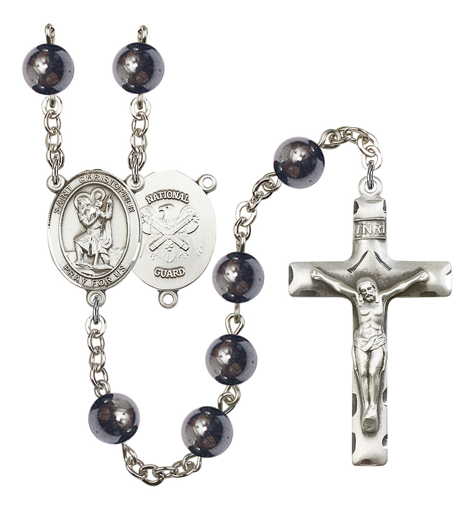 Saint Christopher and Nat'l Guard Rosary with Hematite Beads