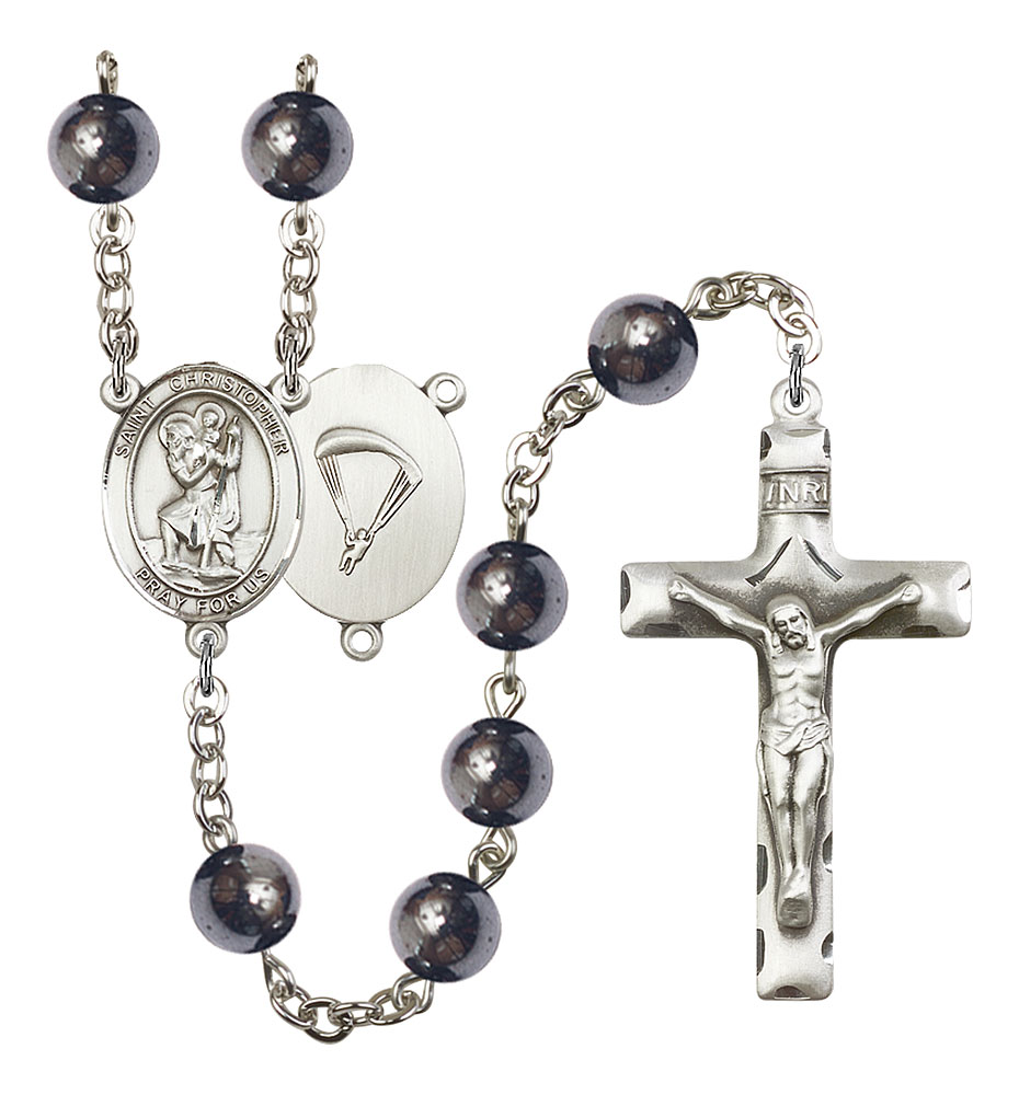 Saint Christopher and Paratrooper Rosary with Hematite Beads