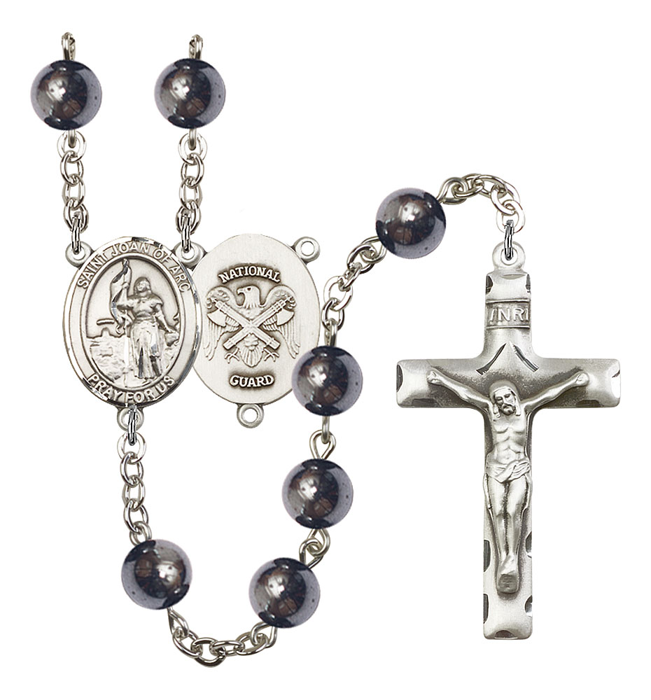 Saint Joan of Arc and Nat'l Guard Rosary with Hematite Beads