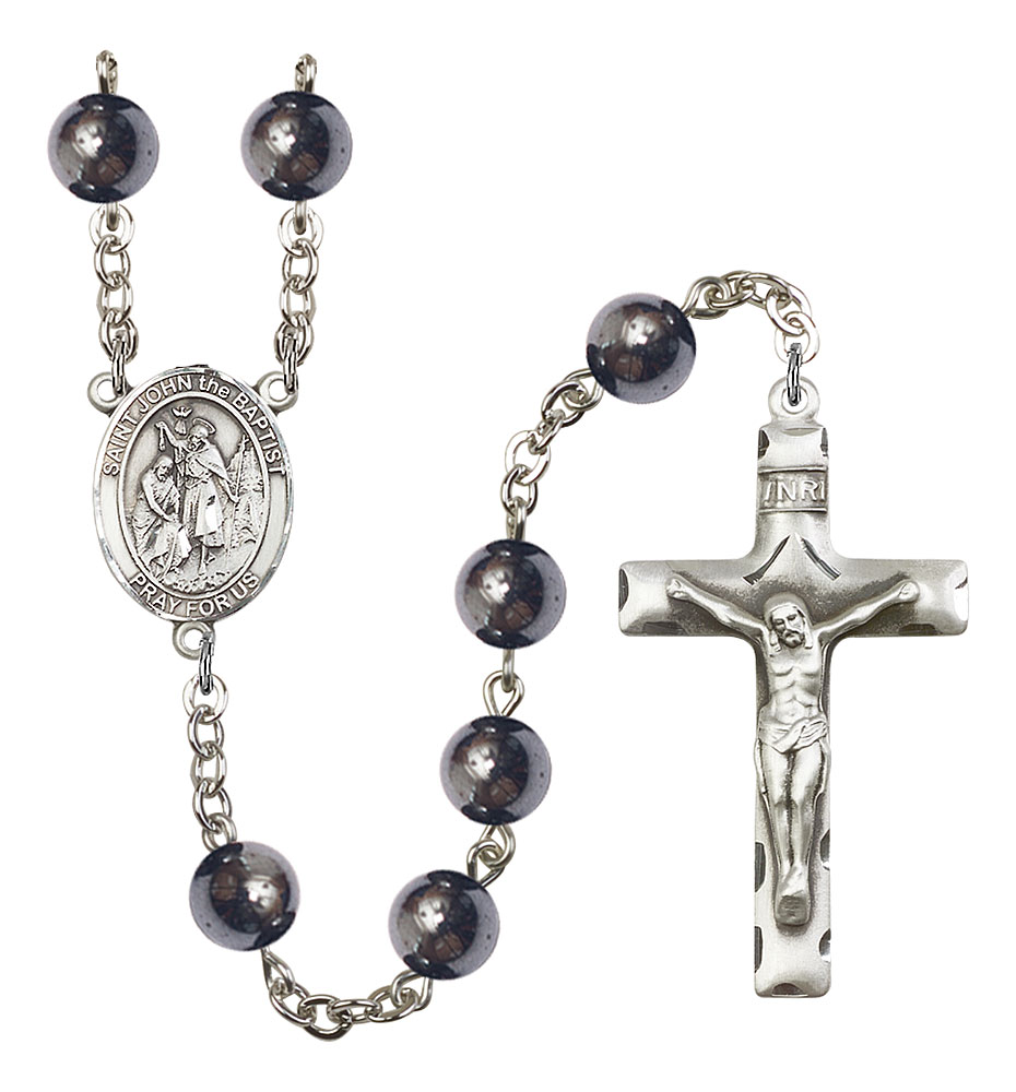 Saint John the Baptist Engravable Rosary with Hematite Beads
