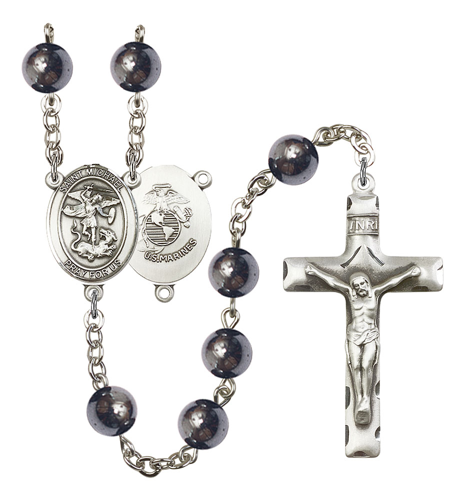 Saint Michael and Marines Rosary with Hematite Beads