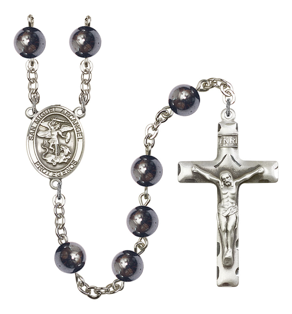 San Miguel Arcangel Engravable Rosary with Hematite Beads