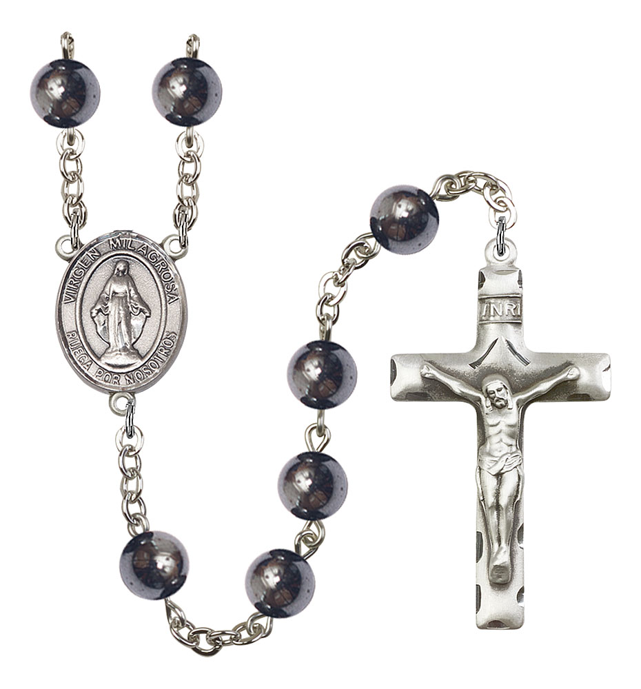 Virgen Milagrosa Engravable Rosary with Hematite Beads