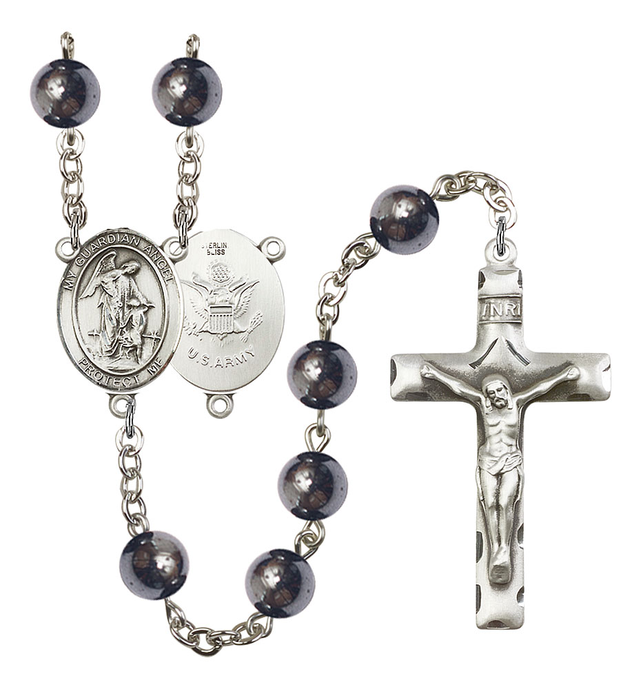 Guardian Angel and Army Rosary with Hematite Beads