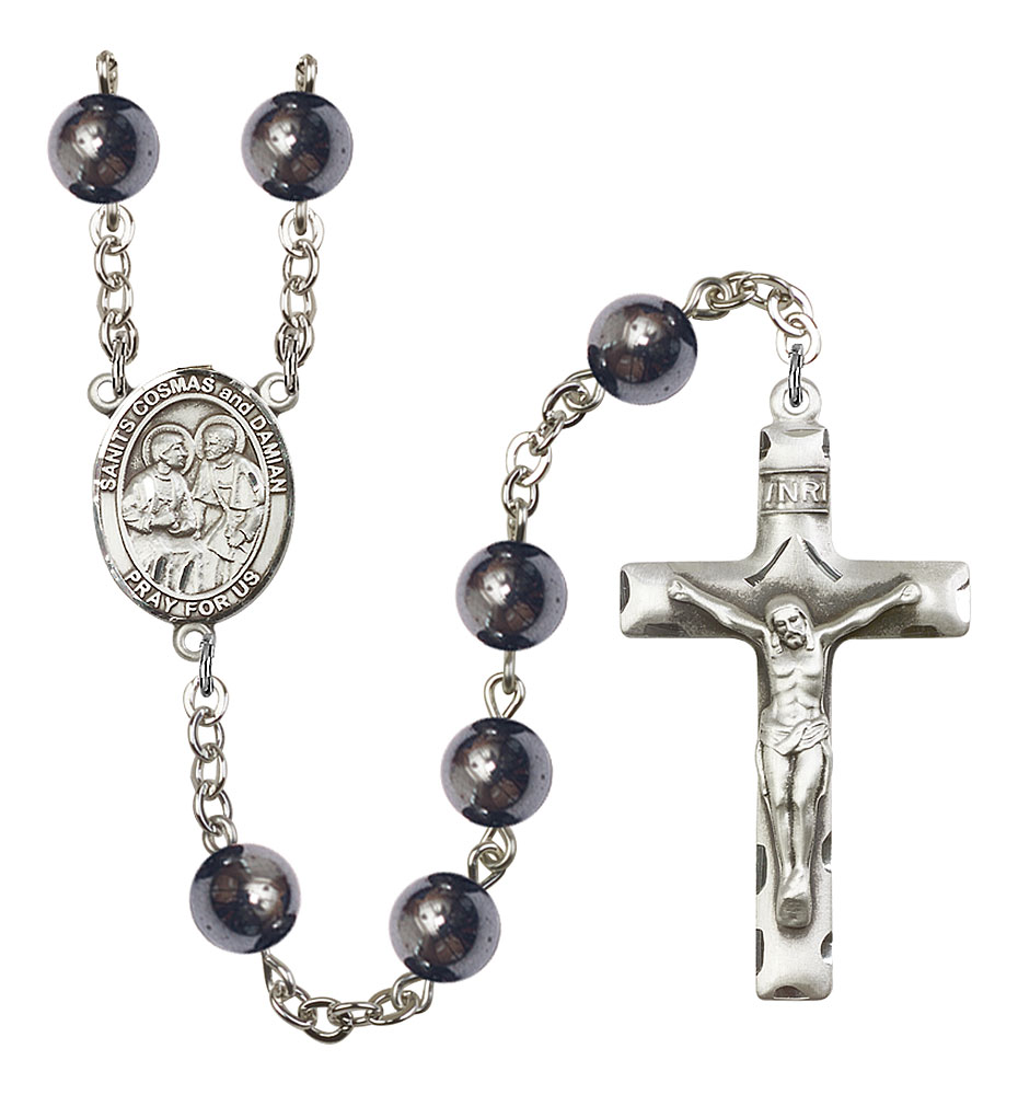 Sts. Cosmas & Damian Engravable Rosary with Hematite Beads