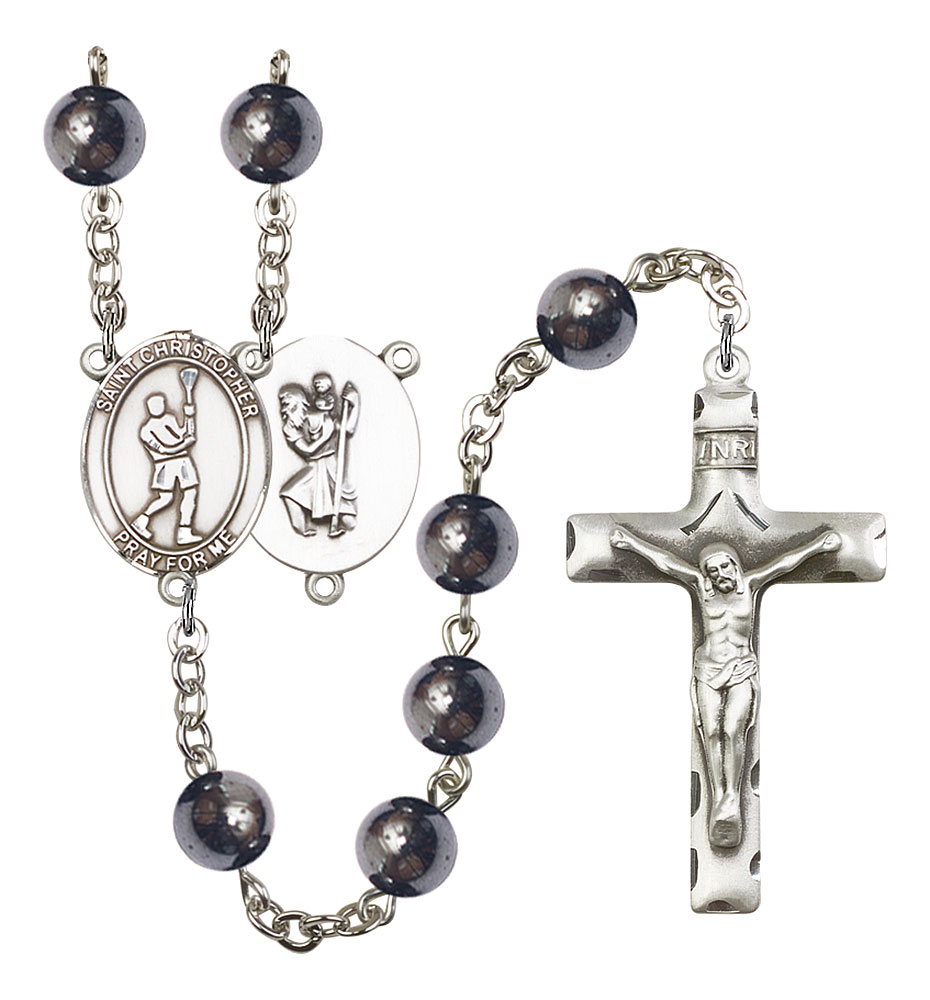 Saint Christopher and Lacrosse Rosary with Hematite Beads