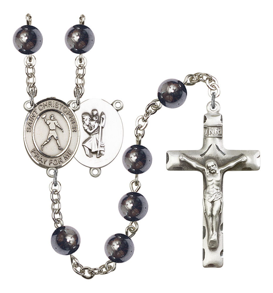 Saint Christopher and Football Rosary with Hematite Beads