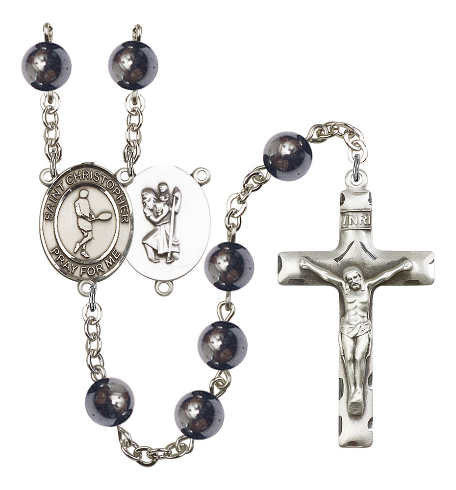 Saint Christopher and Tennis Rosary with Hematite Beads