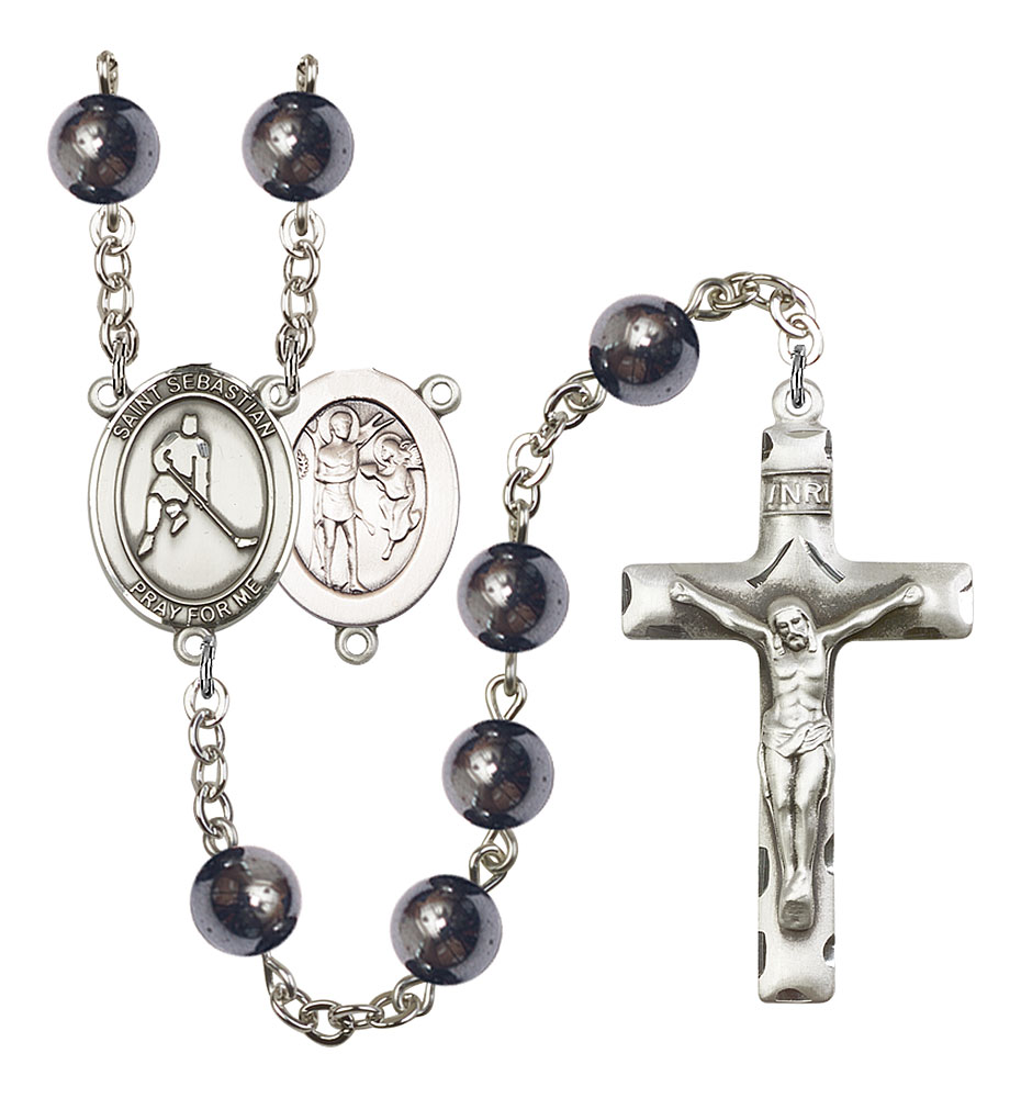 Saint Sebastian and Ice Hockey Rosary with Hematite Beads