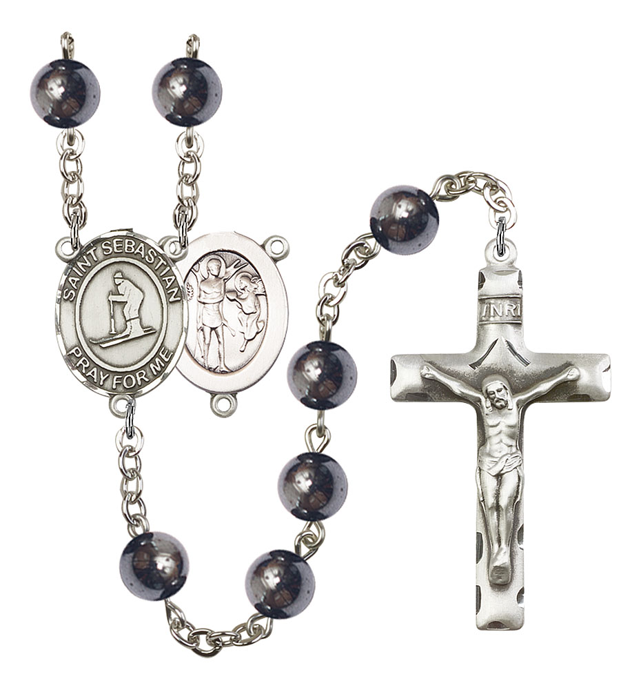Saint Sebastian and Skiing Rosary with Hematite Beads