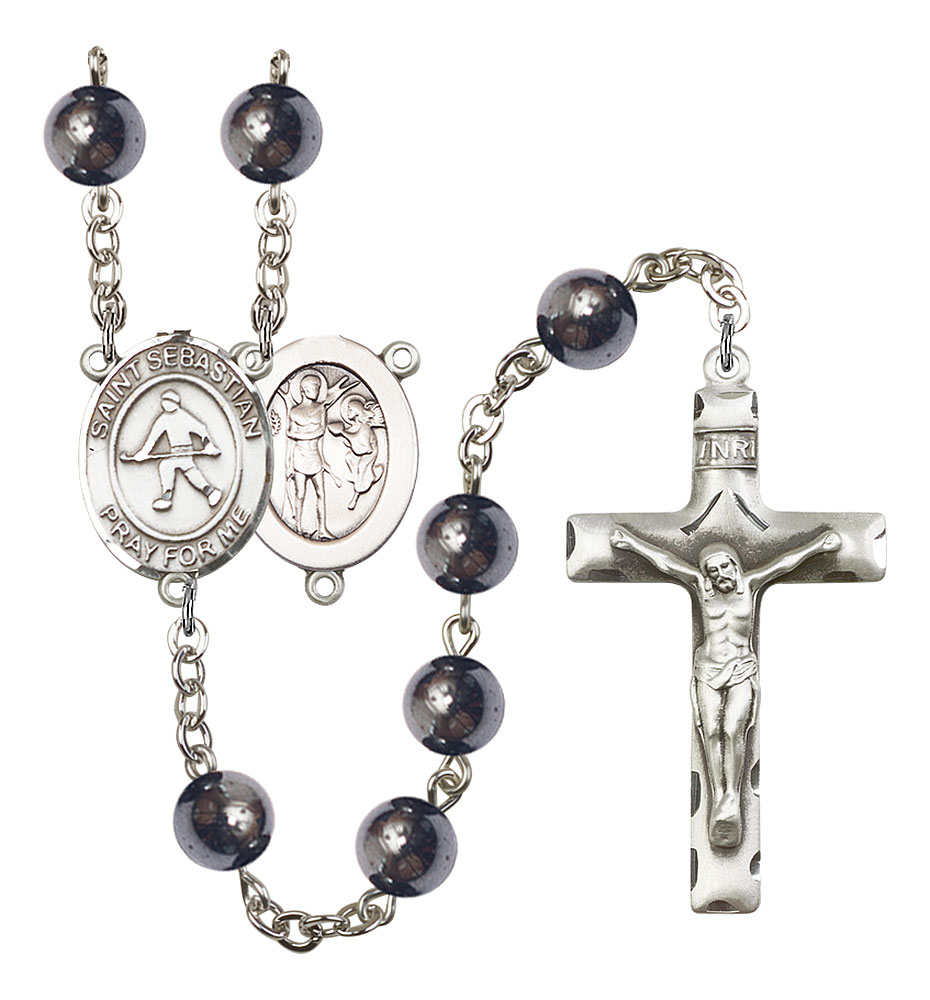 Saint Sebastian and Field Hockey Rosary with Hematite Beads