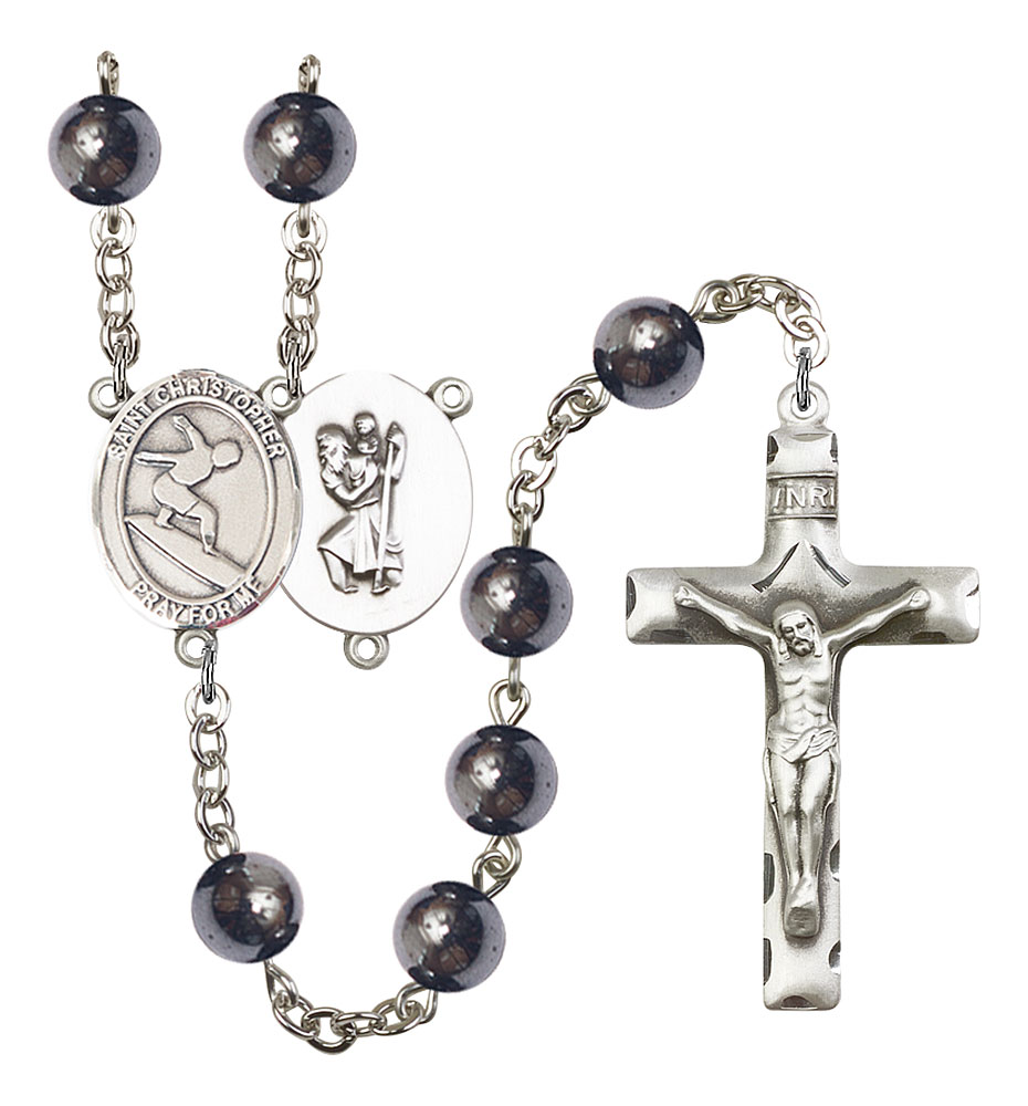 Saint Christopher and Surfing Rosary with Hematite Beads