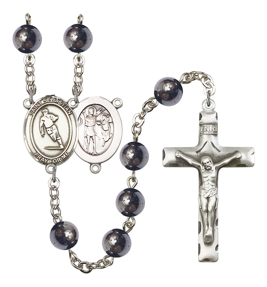 Saint Sebastian and Rugby Rosary with Hematite Beads