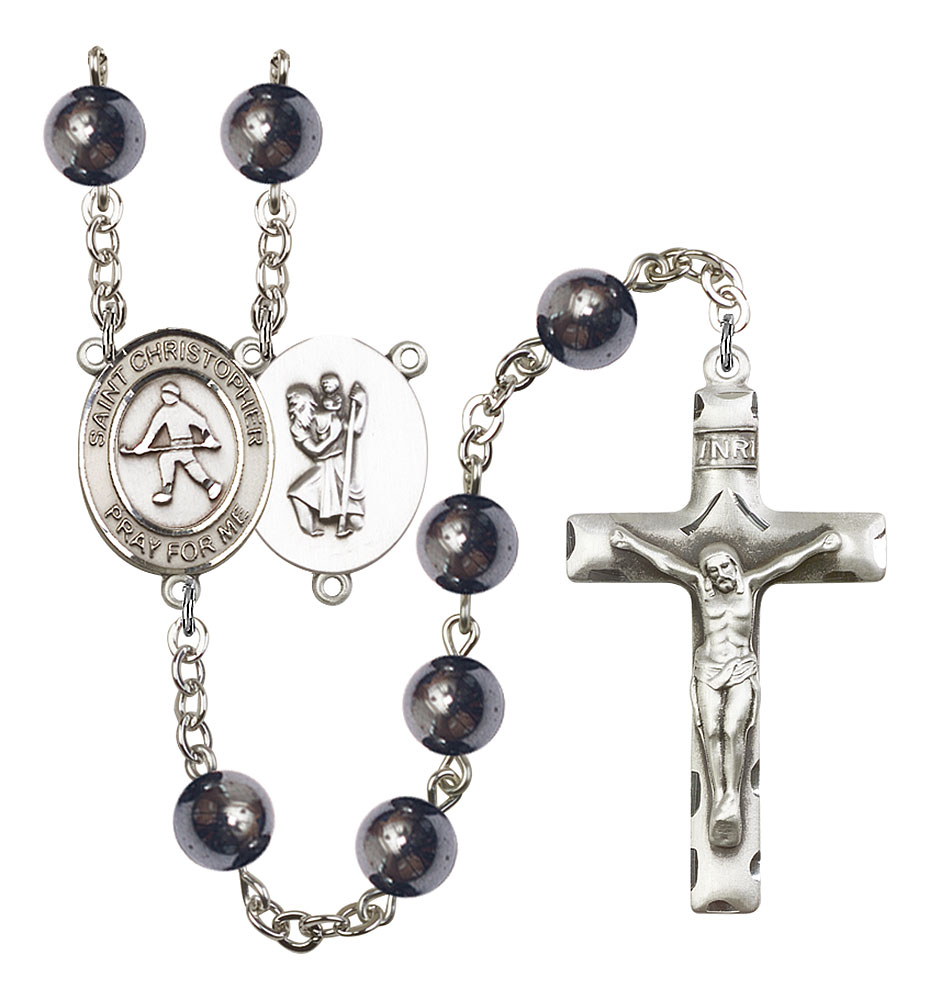 Saint Christopher and Field Hockey Rosary with Hematite Beads