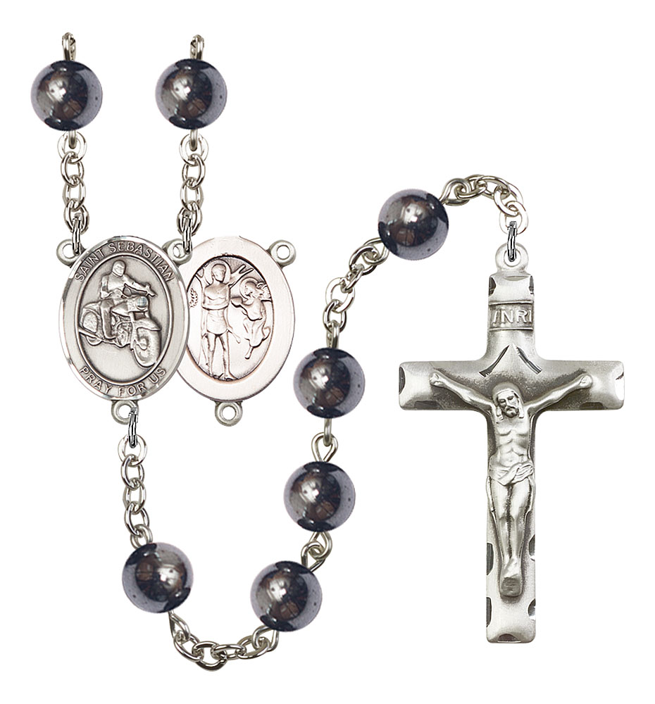 Saint Sebastian and Motorcycle Rosary with Hematite Beads