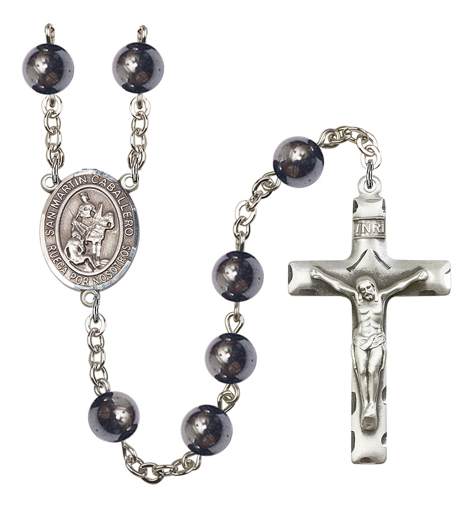 San Martin Caballero Engravable Rosary with Hematite Beads