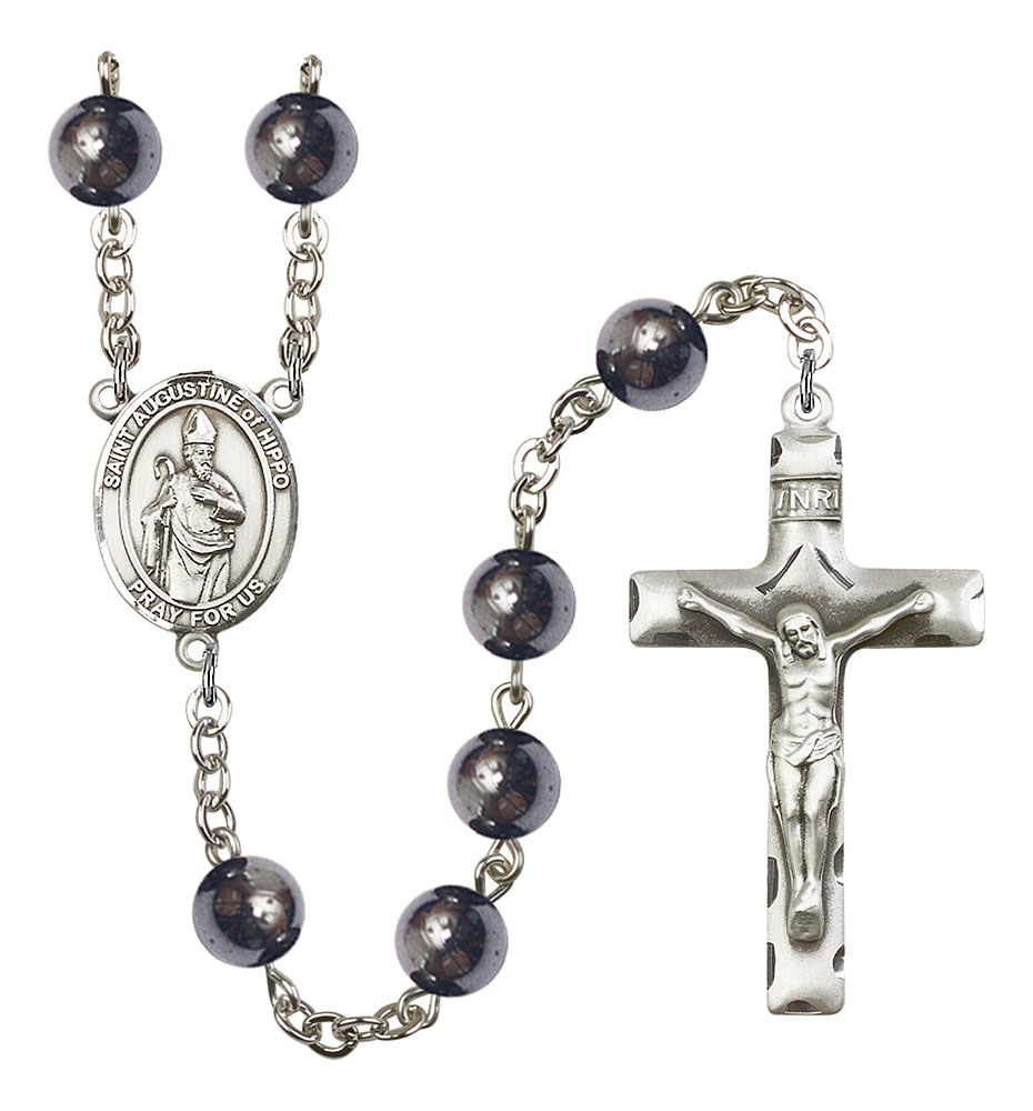 Saint Augustine of Hippo Engravable Rosary with Hematite Beads
