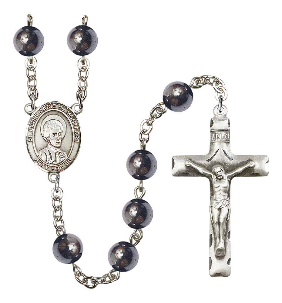 Saint Louis Marie de Montfort Engravable Rosary with Hematite Beads