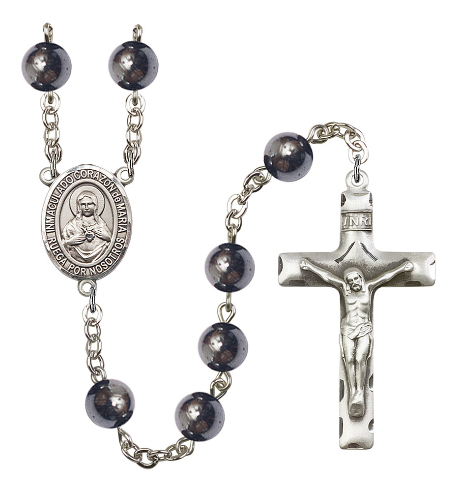 Corazon Inmaculado de Maria Engravable Rosary with Hematite Beads