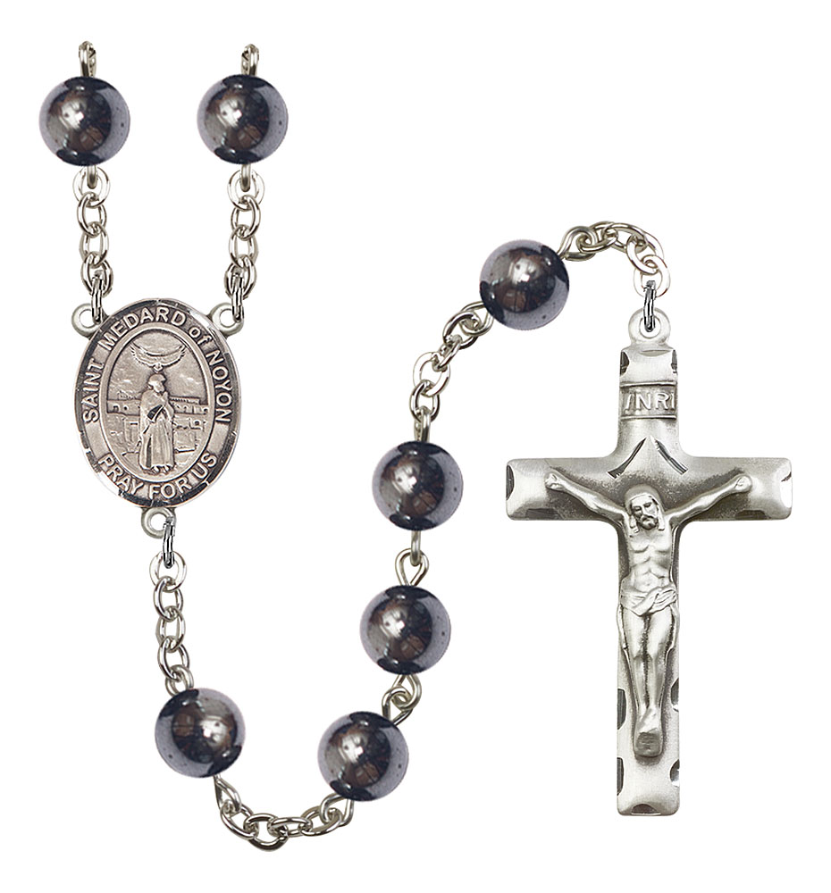 Saint Medard of Noyon Engravable Rosary with Hematite Beads