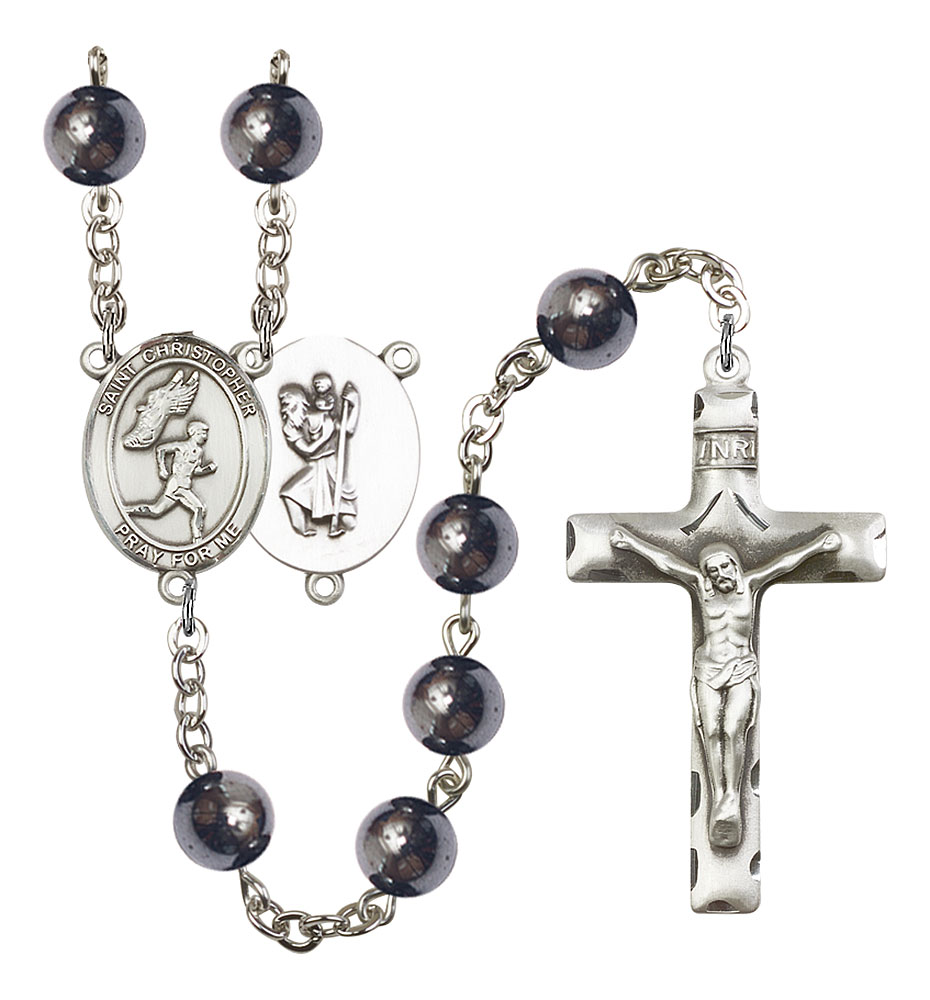 Saint Christopher and Track&Field Rosary with Hematite Beads