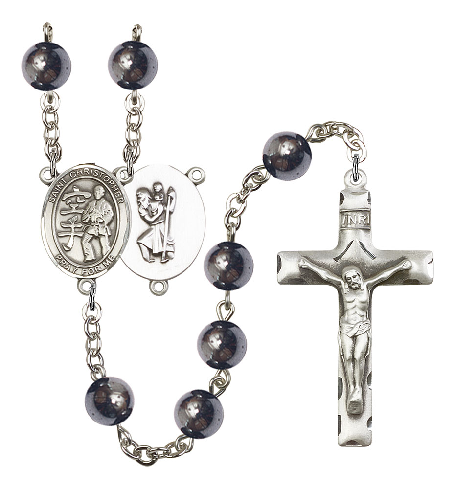 Saint Christopher and Karate Rosary with Hematite Beads