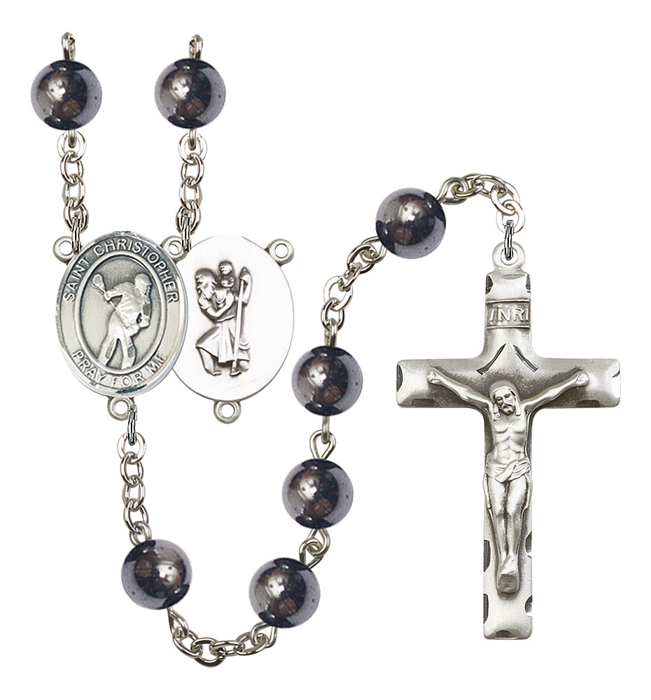 Saint Christopher and Lacrosse Rosary with Hematite Beads