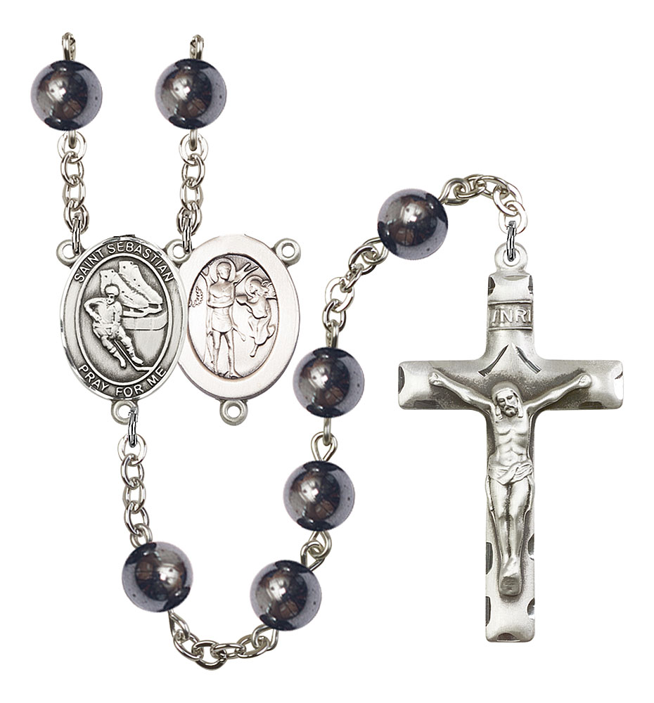 Saint Sebastian and Hockey Rosary with Hematite Beads