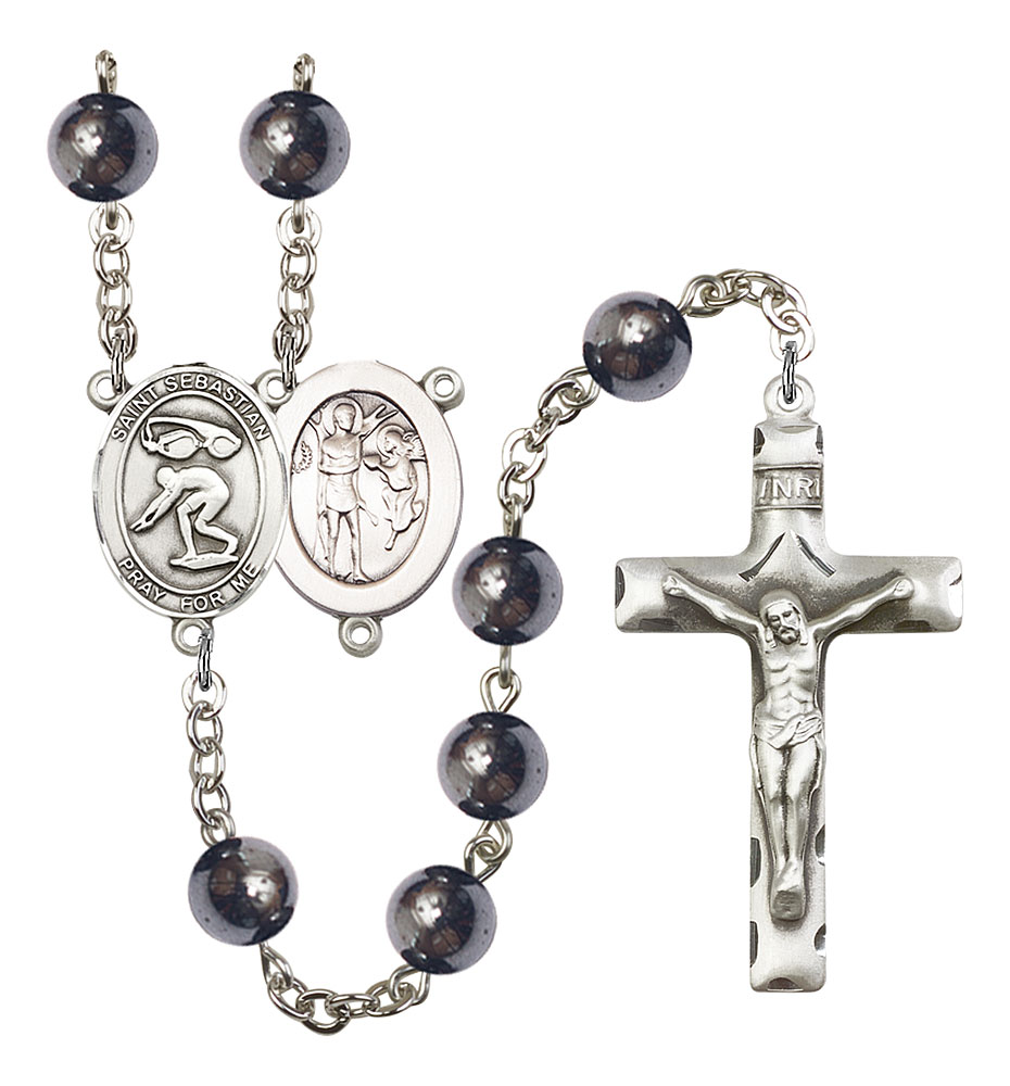 Saint Sebastian and Swimming Rosary with Hematite Beads