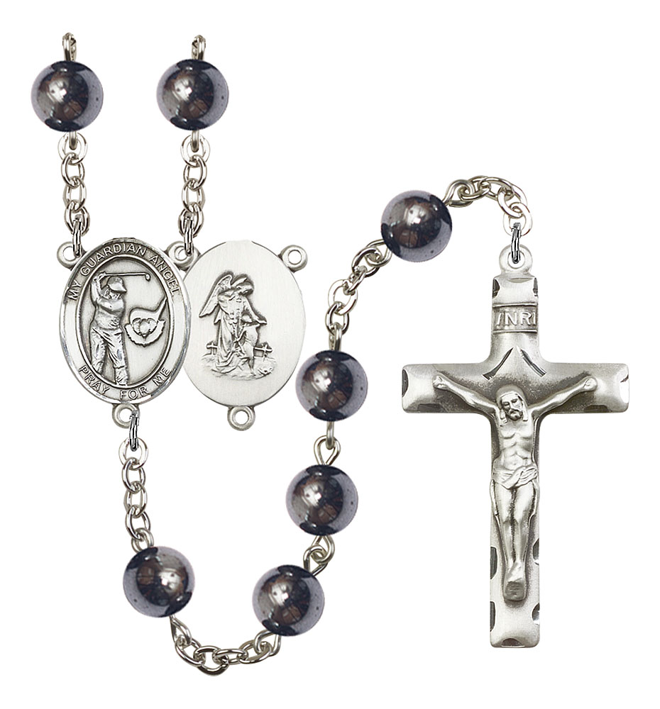 Guardian Angel and Golf Rosary with Hematite Beads