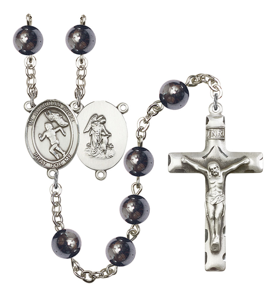 Guardian Angel and Track&Field Rosary with Hematite Beads