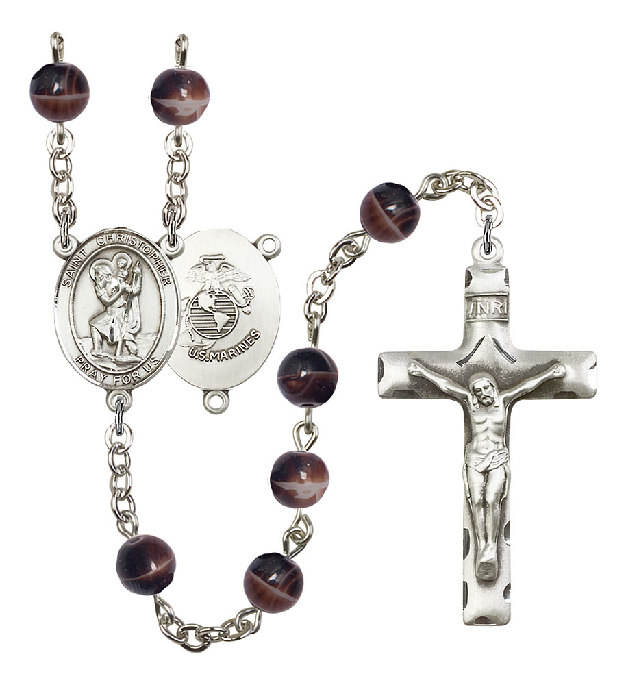 Saint Christopher and Marines Rosary with Brown Beads