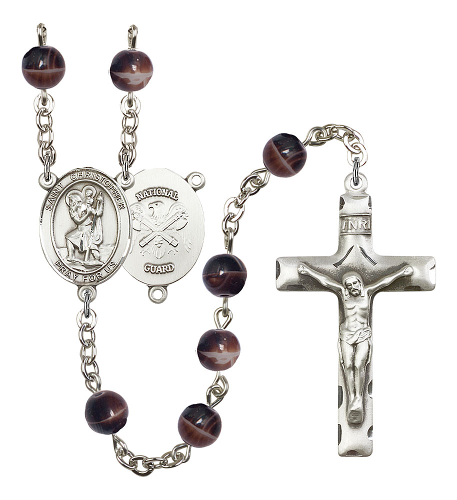 Saint Christopher and Nat'l Guard Rosary with Brown Beads