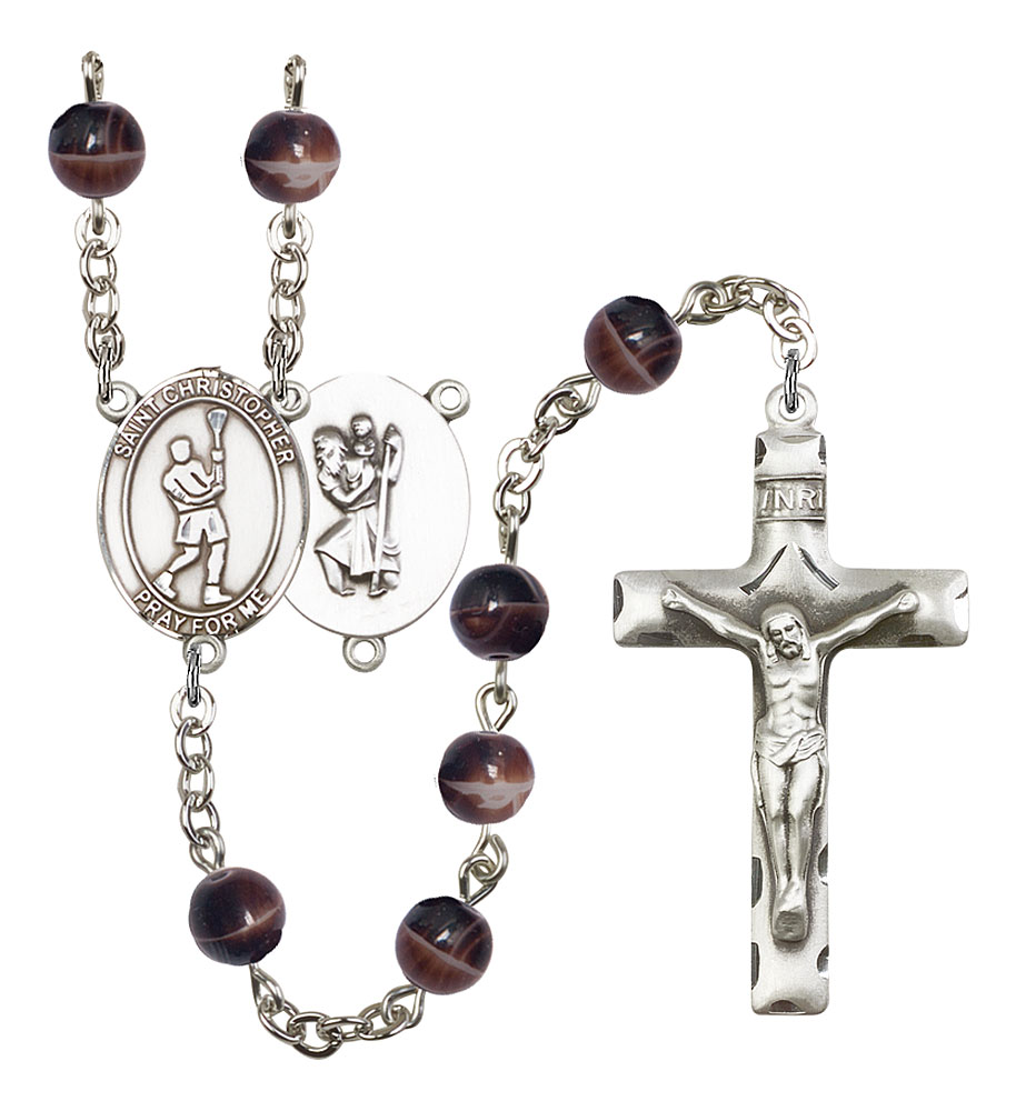 Saint Christopher and Lacrosse Rosary with Brown Beads