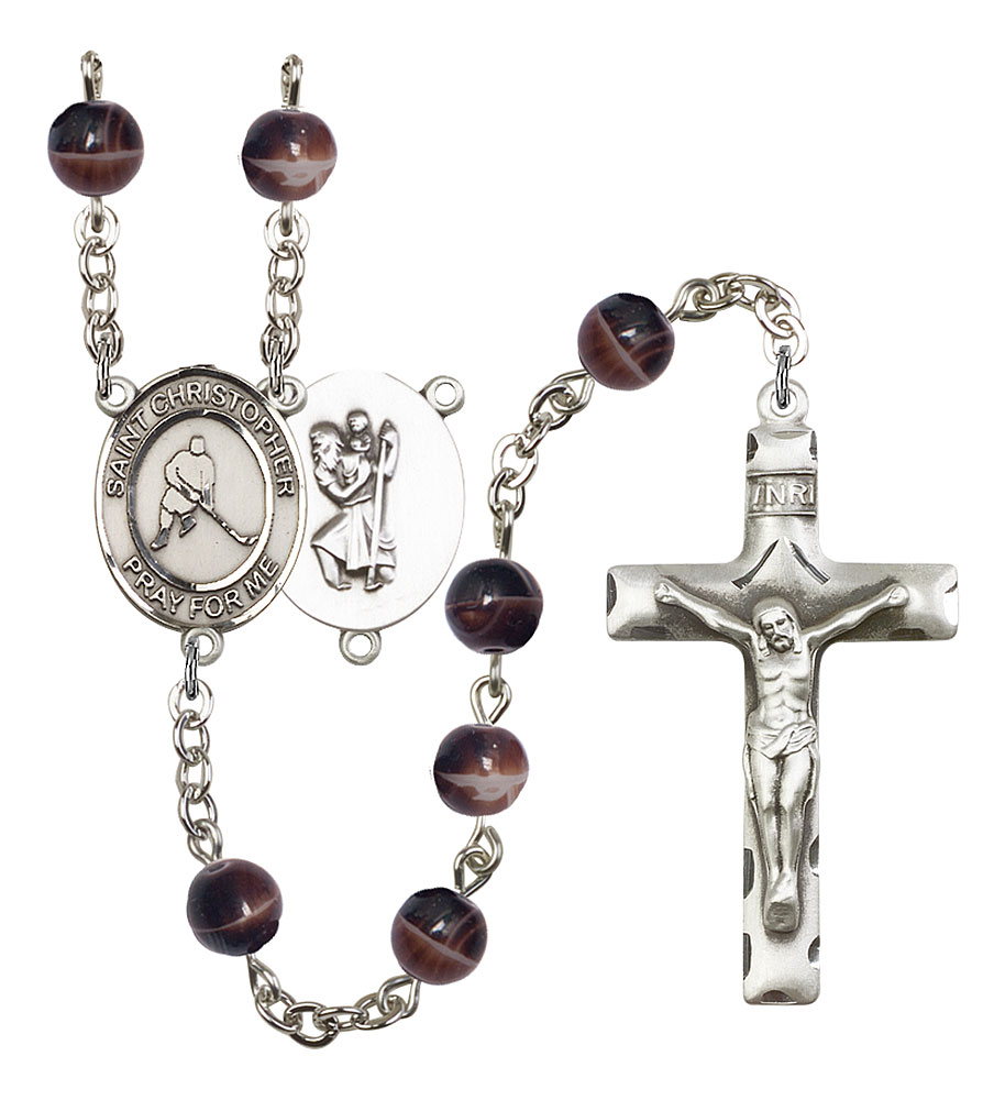 Saint Christopher and Ice Hockey Rosary with Brown Beads