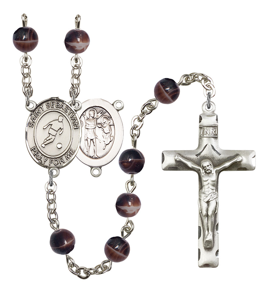 Saint Sebastian and Soccer Rosary with Brown Beads