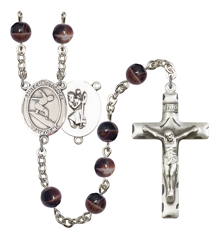 Saint Christopher and Surfing Rosary with Brown Beads